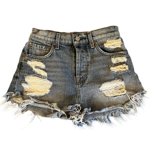 7 For All Mankind Womens Denim Shorts Size 25 Distressed Button Fly Short Shorts - Picture 1 of 10